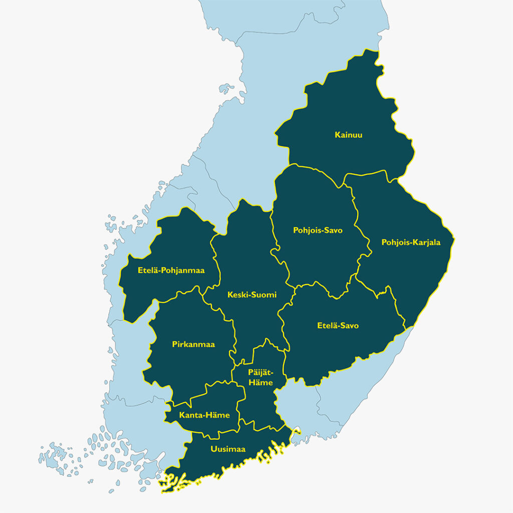 Suomen kartta, josta on rajattu Lappi pois. ForeAmmatin Osaamiskartoitus on käytössä 2024 Etelä-Pohjanmaalla, Etelä-Savossa, Kainuussa, Kanta-Hämeessä, Keski-Suomessa, Pirkanmaalla, Pohjois-Karjalassa, Pohjois-Savossa, Päijät-Hämeessä ja Uudellamaalla.